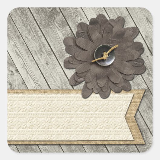 Rustige houten Button Fabric Flower & Shabby Burla Vierkante Sticker (Voorkant)