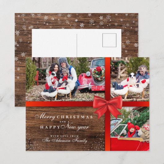 Rustige houten en kerstvlokken | 3 Foto-collage Briefkaart (Voorkant / Achterkant)