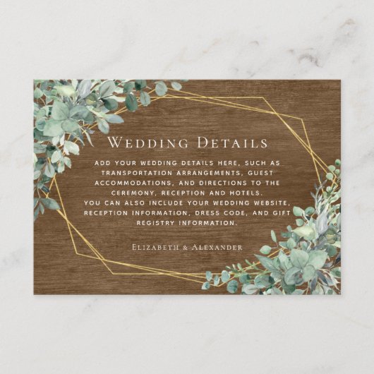 Rustige houten Eucalyptus Gold Wedding - Gegevens Informatiekaartje (Voorkant)