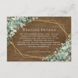 Rustige houten Eucalyptus Gold Wedding - Gegevens Informatiekaartje