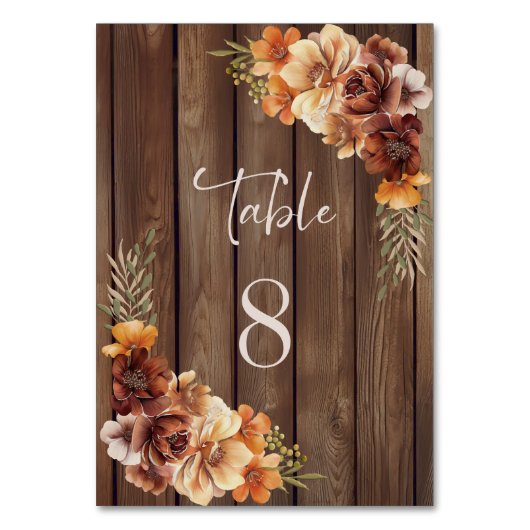 Rustige houten Floral Wedding Table Number Kaart (Voorkant)