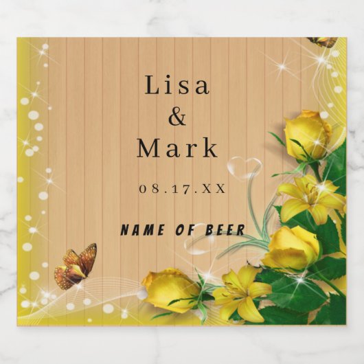 Rustige houten gele vlinderbruiloft bier etiket (Enkel label)