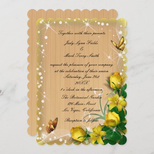Rustige houten gele vlinderbruiloft kaart (Voorkant / Achterkant)