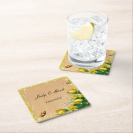 Rustige houten gele vlinderbruiloft kartonnen onderzetters