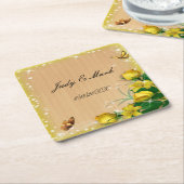 Rustige houten gele vlinderbruiloft kartonnen onderzetters (Schuin)