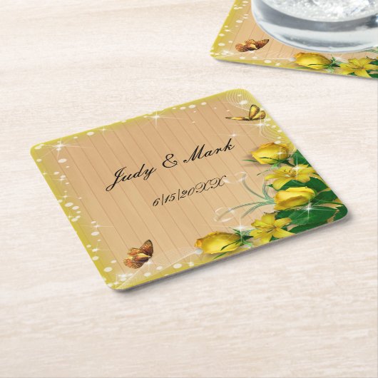 Rustige houten gele vlinderbruiloft kartonnen onderzetters (Schuin)