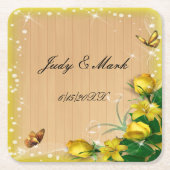 Rustige houten gele vlinderbruiloft kartonnen onderzetters (Voorkant)