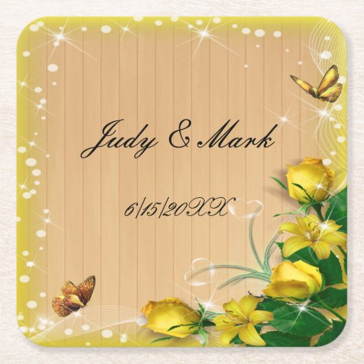 Rustige houten gele vlinderbruiloft kartonnen onderzetters (Voorkant)