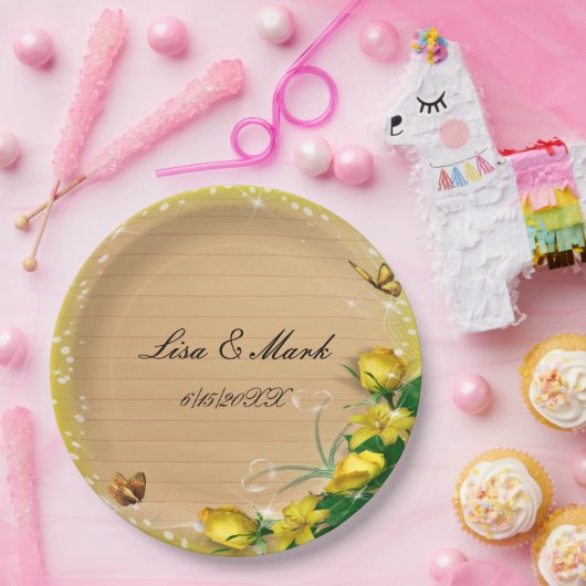 Rustige houten gele vlinderbruiloft papieren bordje (Feest)