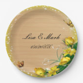 Rustige houten gele vlinderbruiloft papieren bordje (Voorkant)