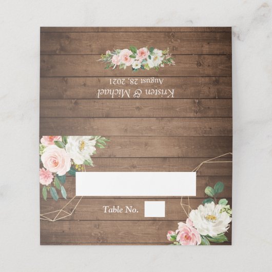 Rustige houten geometrische Lijst Blush Floral Wed Plaatskaartje (Buitenkant ongevouwen)