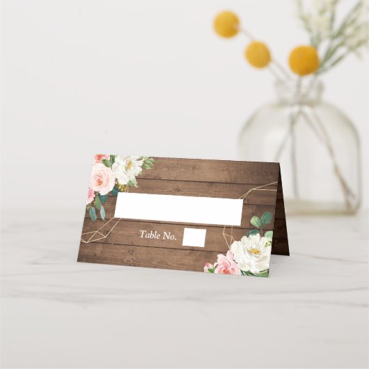 Rustige houten geometrische Lijst Blush Floral Wed Plaatskaartje (Voorkant)