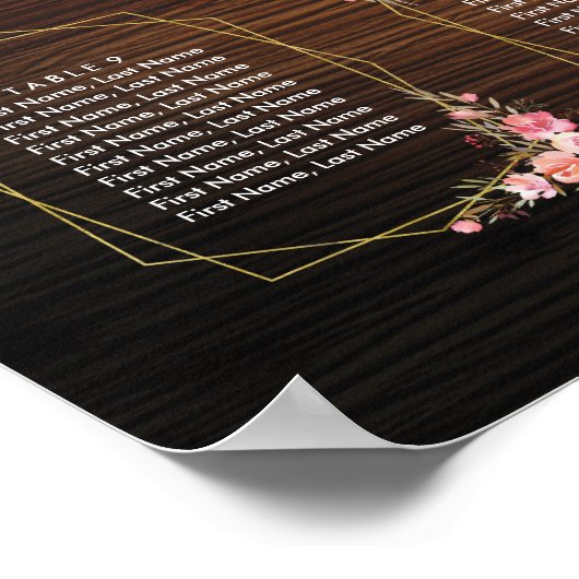 Rustige houten gouden roze Floral Wedding Seating  Poster (Hoek)