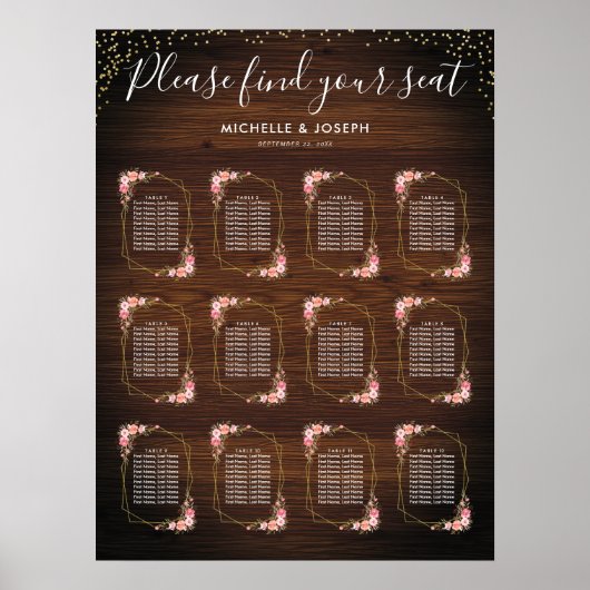 Rustige houten gouden roze Floral Wedding Seating  Poster (Voorkant)