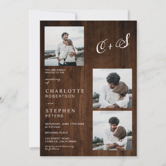 Rustige houten initialen 4 foto's bruiloft kaart (Voorkant)