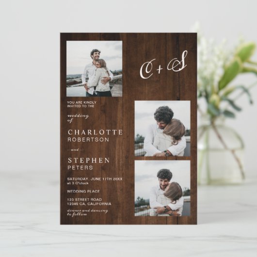 Rustige houten initialen 4 foto's bruiloft kaart (Staand voorkant)