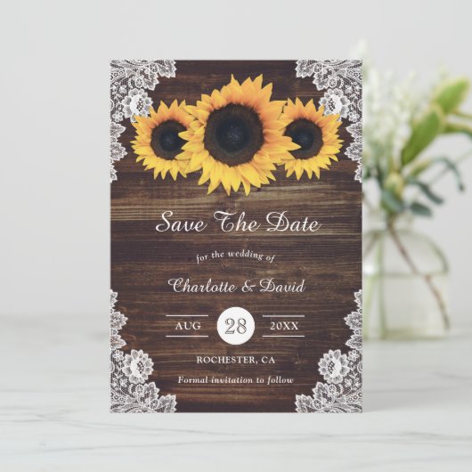 Rustige houten kant en zonnebloem sparen de datumk save the date (Staand voorkant)