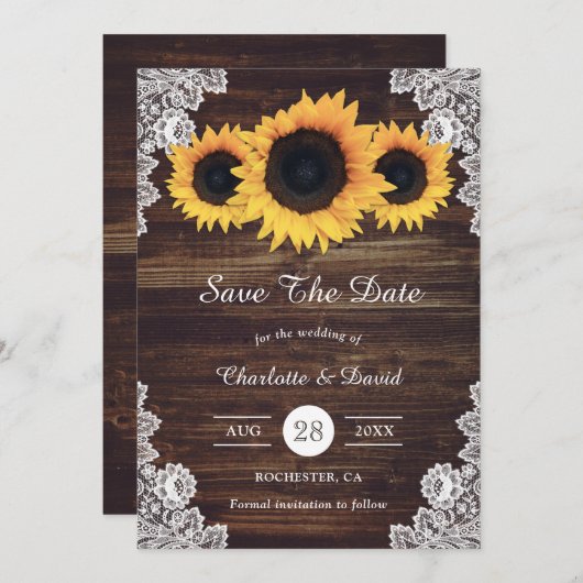 Rustige houten kant en zonnebloem sparen de datumk save the date (Voorkant / Achterkant)