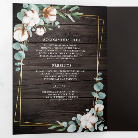 Rustige houten katoenkatoen Eucalyptus QR Code Wed Drieluik Uitnodiging (Binnenzijde eerst)