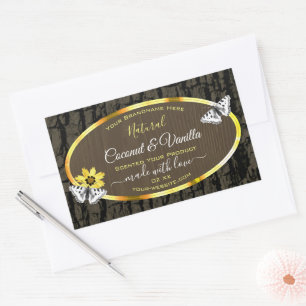 Rustige houten korrels donkerbruine gouden etikett rechthoekige sticker