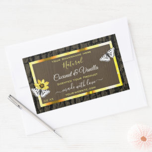 Rustige houten korrels donkerbruine gouden etikett rechthoekige sticker
