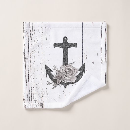 Rustige houten Kuststrand Anchor  Floral Bad Handdoek (Wasdoekje)