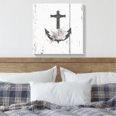 Rustige houten Kuststrand Anchor  Floral Canvas Afdruk (Insitu (Slaapkamer))