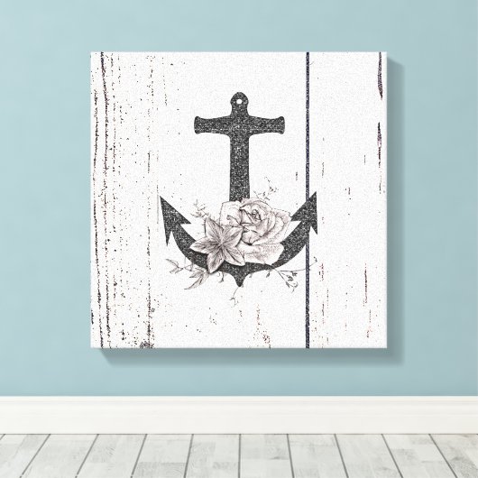 Rustige houten Kuststrand Anchor  Floral Canvas Afdruk (Insitu (Houten vloer))