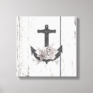 Rustige houten Kuststrand Anchor  Floral Canvas Afdruk