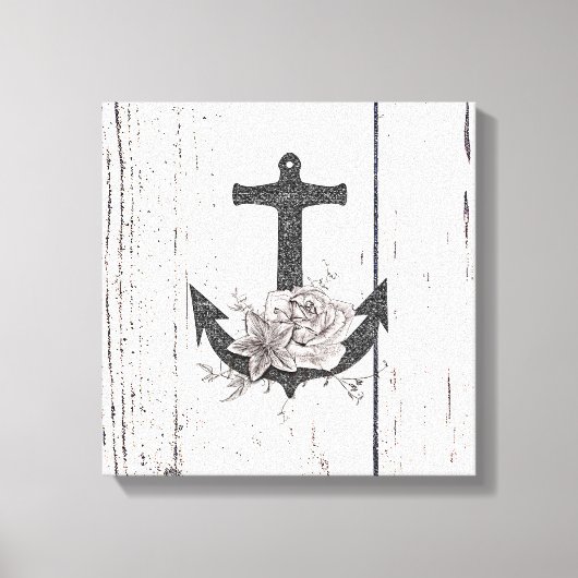 Rustige houten Kuststrand Anchor  Floral Canvas Afdruk (Voorkant)