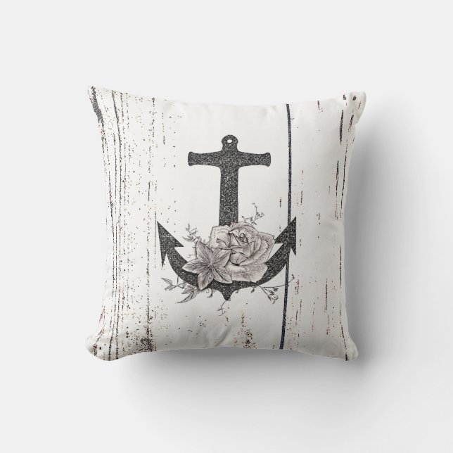 Rustige houten Kuststrand Anchor  Floral Kussen (Voorkant)