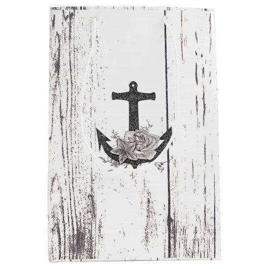 Rustige houten Kuststrand Anchor  Floral Medium Cadeauzakje (Voorkant)