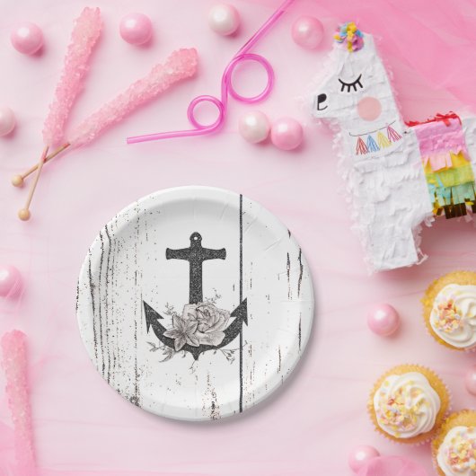 Rustige houten Kuststrand Anchor  Floral Papieren Bordje (Feest)
