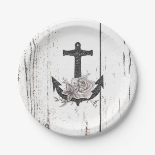 Rustige houten Kuststrand Anchor  Floral Papieren Bordje