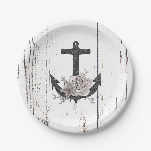 Rustige houten Kuststrand Anchor  Floral Papieren Bordje (Voorkant)