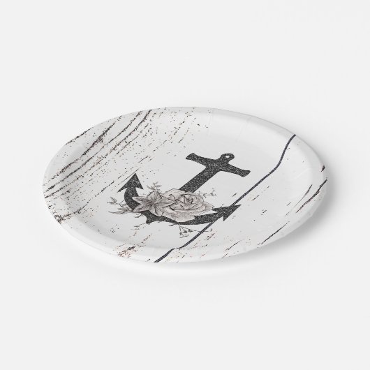 Rustige houten Kuststrand Anchor  Floral Papieren Bordje (Gekanteld)