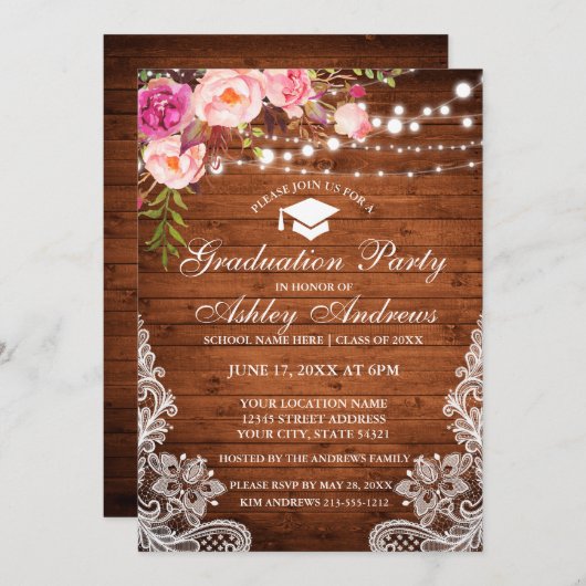 Rustige houten lampjes Roze Afstuderen uitnodigen Kaart (Voorkant / Achterkant)