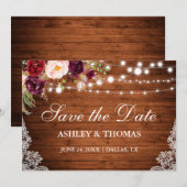 Rustige houten lights Floral Lace Save the Date (Voorkant / Achterkant)