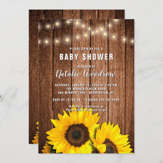Rustige houten lights Zonnebloem Baby shower Kaart (Voorkant / Achterkant)