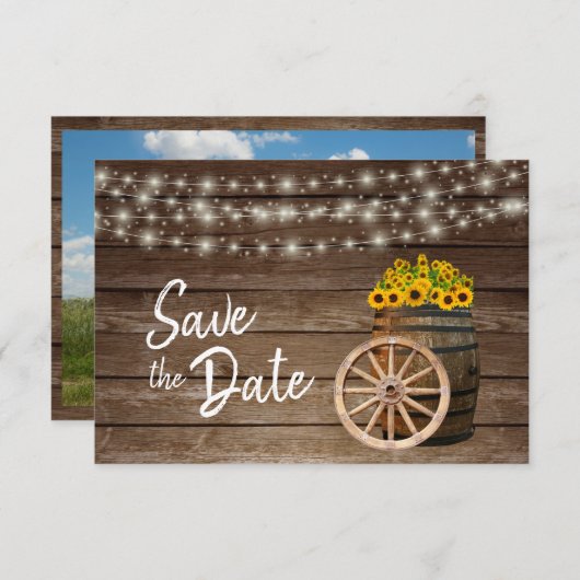 Rustige houten loop en zonnebloemen - Bewaar de da Save The Date (Voorkant / Achterkant)