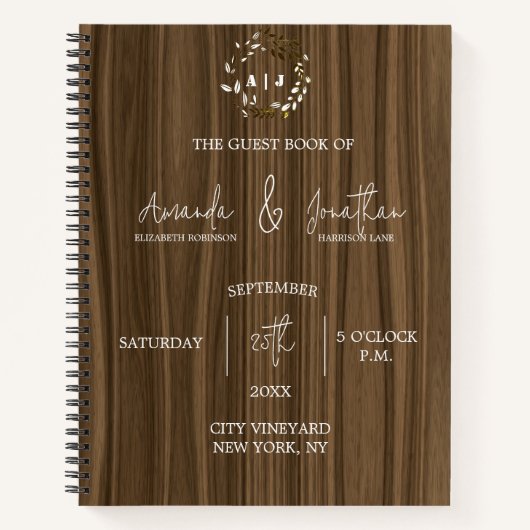 Rustige houten monogram Leaf Wedding Guest Book Notitieboek (Voorkant)