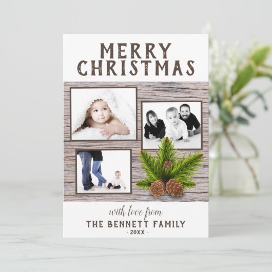 Rustige houten pine 3 Foto met kerstmis als collag Kaart (Staand voorkant)