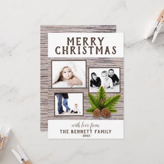 Rustige houten pine 3 Foto met kerstmis als collag Kaart (Voorkant / Achterkant in situ)
