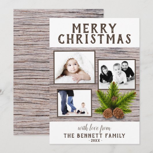 Rustige houten pine 3 Foto met kerstmis als collag Kaart (Voorkant / Achterkant)