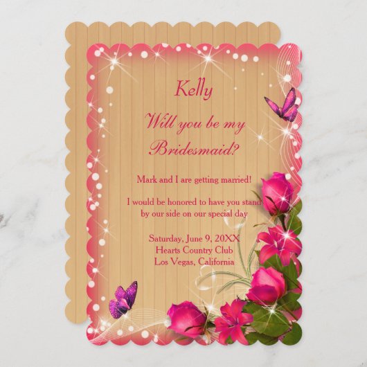 Rustige houten roze vlinder Bridesmaid Kaart (Voorkant / Achterkant)