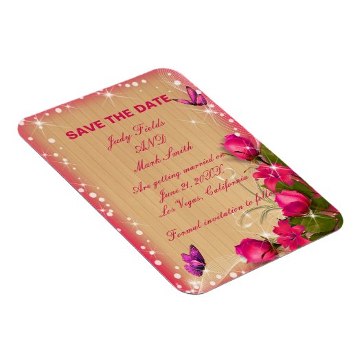 Rustige houten roze vlinder sparen de datum magneet (Rechterzijde)