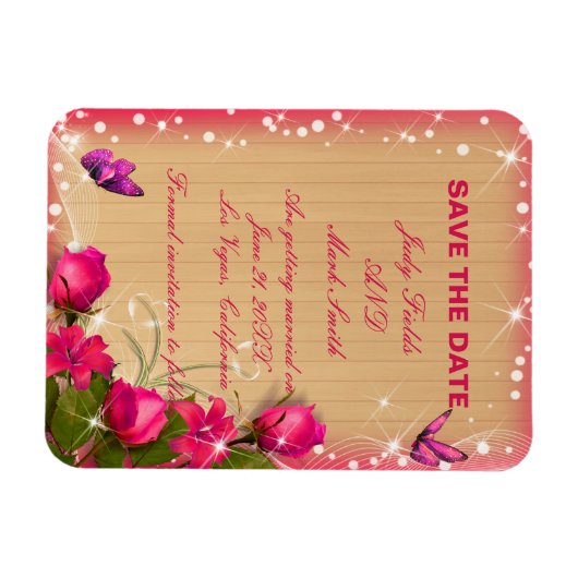 Rustige houten roze vlinder sparen de datum magneet (Horizontaal)