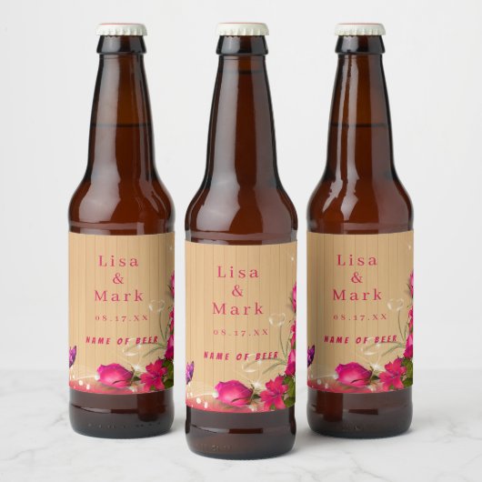 Rustige houten roze vlinderbruiloft bier etiket (Flessen)