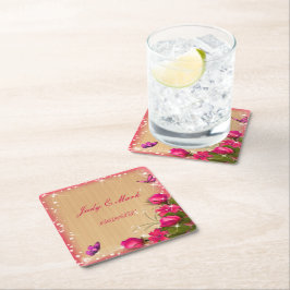 Rustige houten roze vlinderbruiloft kartonnen onderzetters