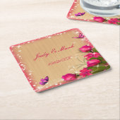 Rustige houten roze vlinderbruiloft kartonnen onderzetters (Schuin)